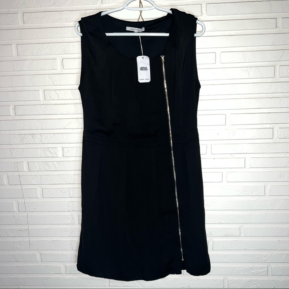 Naked Zebra Black Asymmetrical Front Zipper Mini Dress, Women’s Size Medium